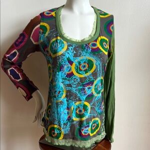 Desigual Blue and Green Graphic Long Sleeve Blouse